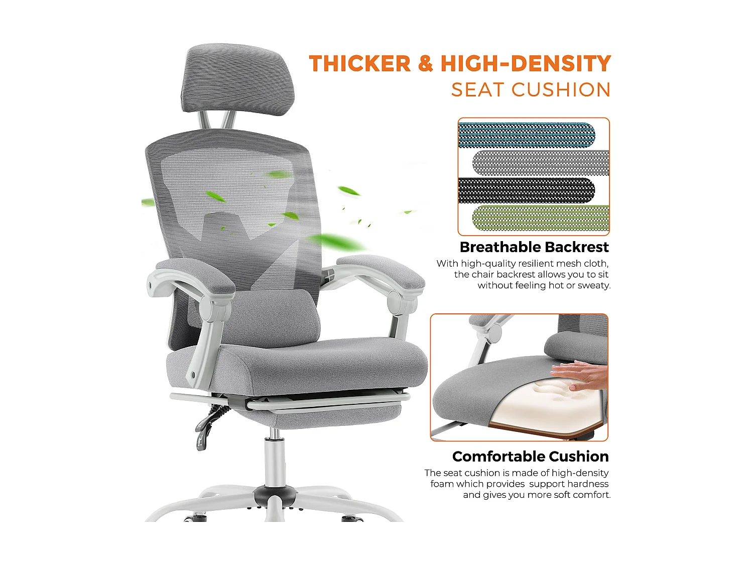 Chaise de bureau pivotante avec coussin de soutien lombaire et accoudoirs rembourrés, repose-pieds rétractable ergonomique, gris