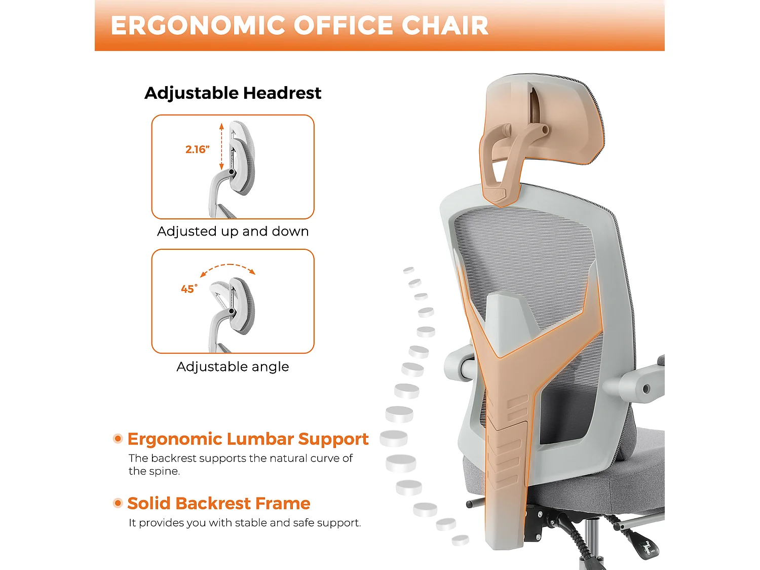 Chaise de bureau pivotante avec coussin de soutien lombaire et accoudoirs rembourrés, repose-pieds rétractable ergonomique, gris