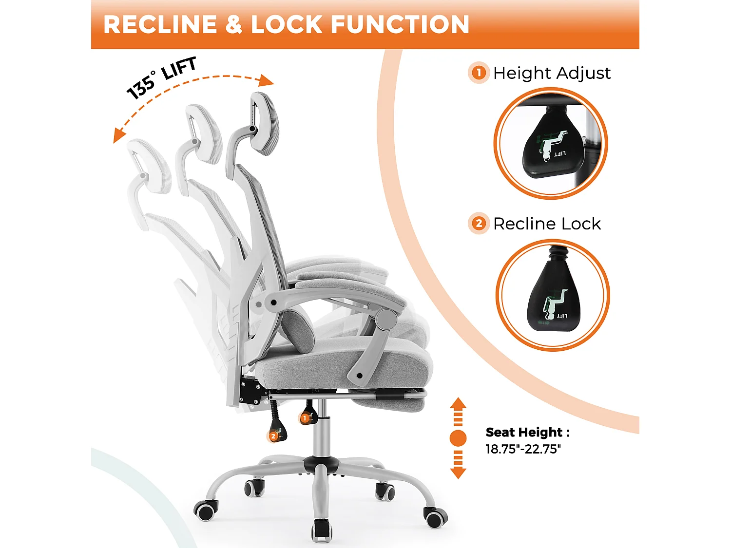 Chaise de bureau pivotante avec coussin de soutien lombaire et accoudoirs rembourrés, repose-pieds rétractable ergonomique, gris