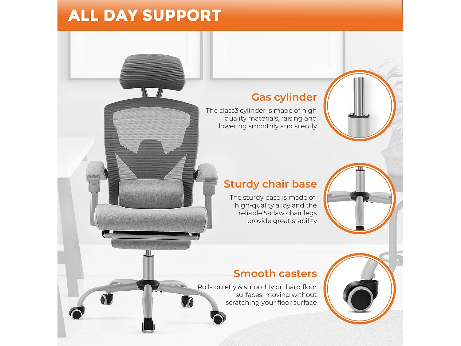 Chaise de bureau pivotante avec coussin de soutien lombaire et accoudoirs rembourrés, repose-pieds rétractable ergonomique, gris