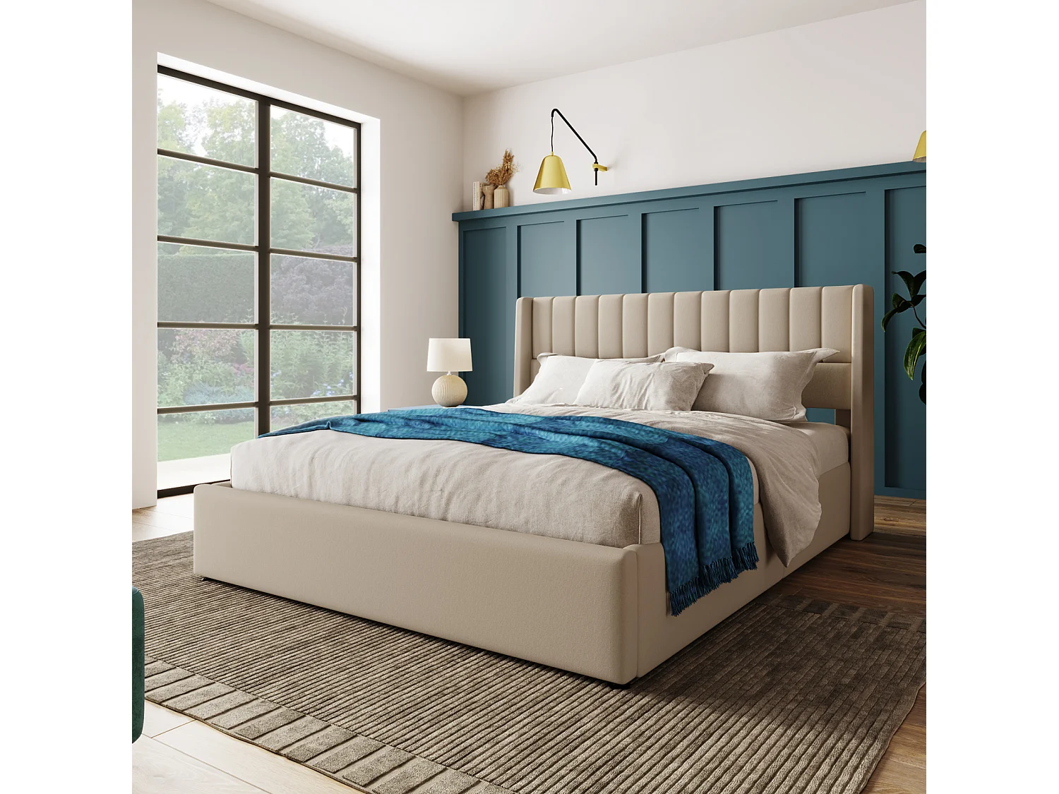 Letto contenitore 160x200cm, letto matrimoniale imbottito con meccanismo idraulico, letto con rete a doghe in metallo, lino, beige