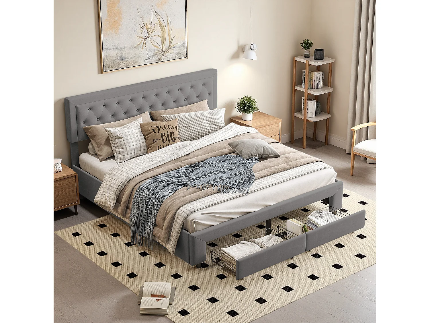 Lit tapissé moderne en velours doux avec espace de rangement hydraulique et tête de lit 180 x 200 cm, sans matelas, Velours, Gris