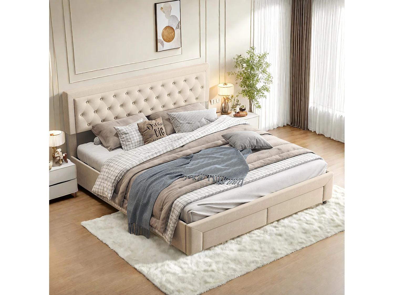 Cama de casal de 180*200cm, com sistema hidráulico, estofada e com espaço de armazenamento, em veludo bege.