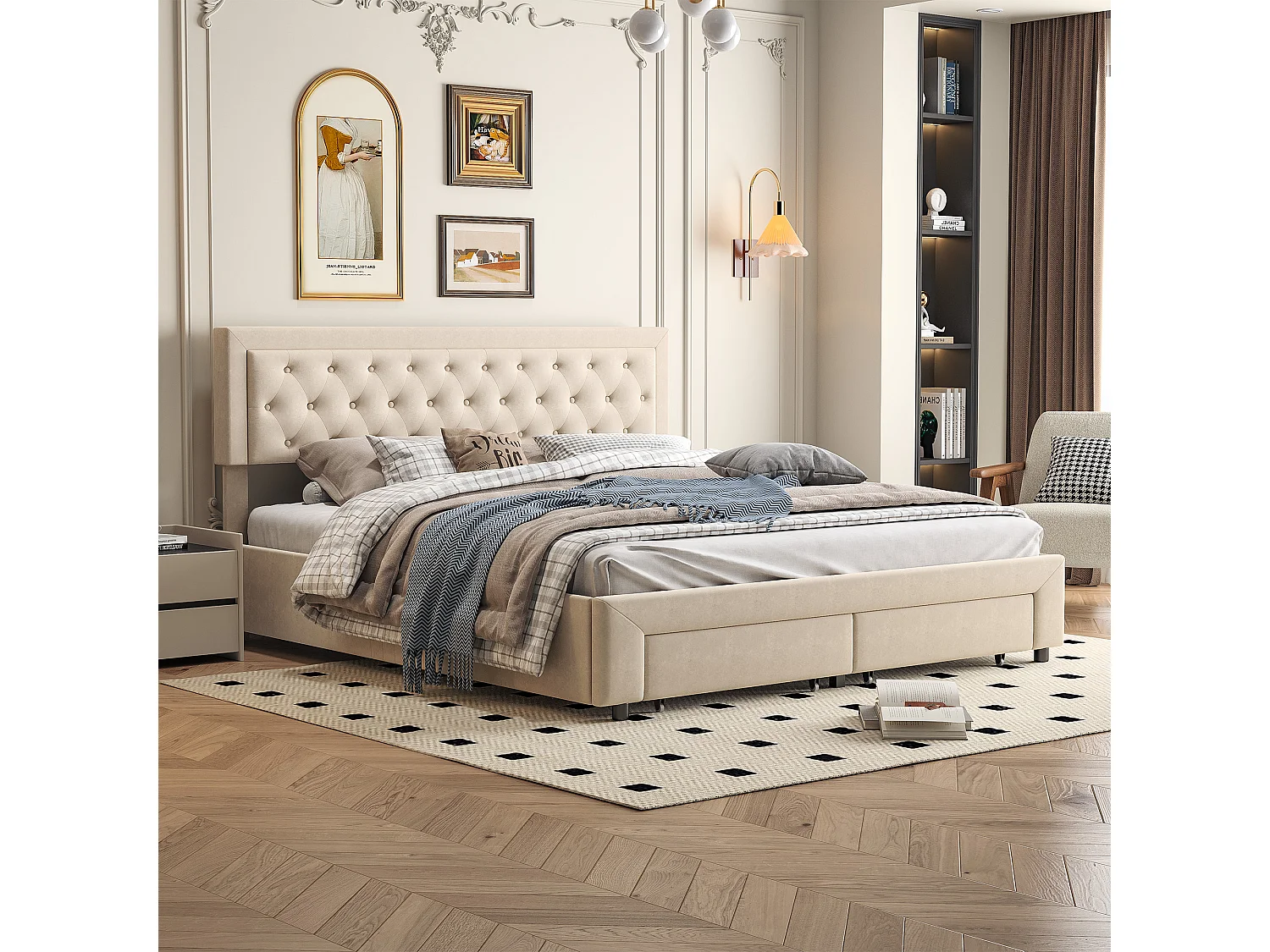 160*200cm lit double, lit hydraulique,  lit rembourré avec espace de rangement，beige, velours