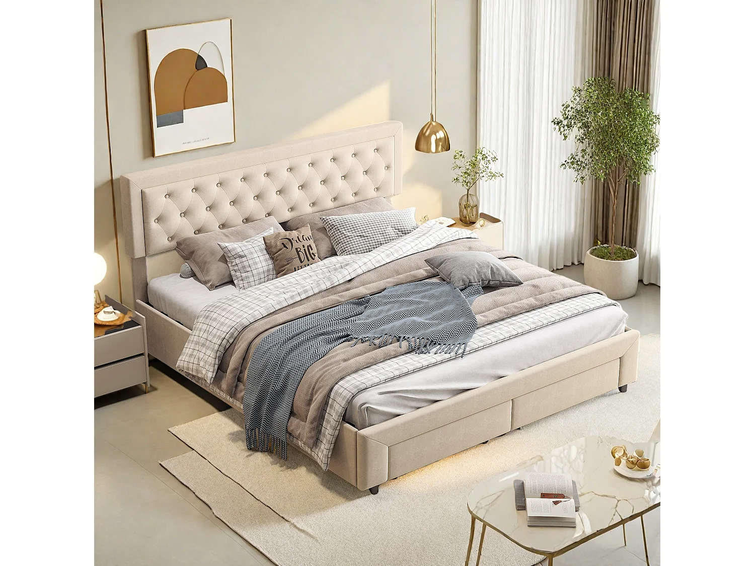 Tweepersoonsbed van 160 x 200 cm, hydraulisch verstelbaar, gestoffeerd bed met opbergruimte, beige fluweel