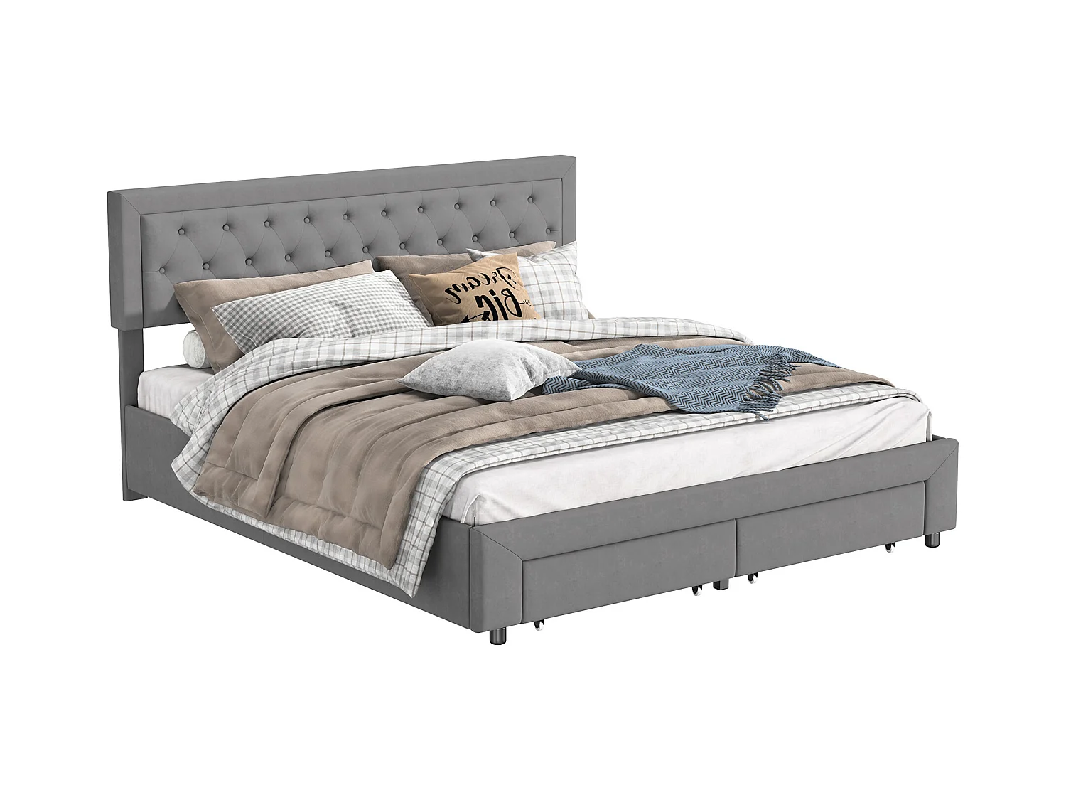 160*200cm lit double, lit hydraulique,  lit rembourré avec espace de rangement，Gris,velours