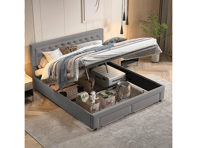 160*200cm lit double, lit hydraulique,  lit rembourré avec espace de rangement，Gris,velours