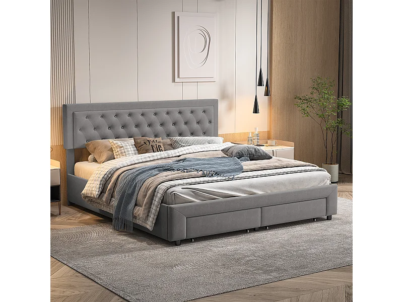 Lit double rembourré, 160 x 200 cm, avec tiroir de lit et tiroirs, coffre de rangement hydraulique, avec tête de lit et sommier à lattes, velours, gris