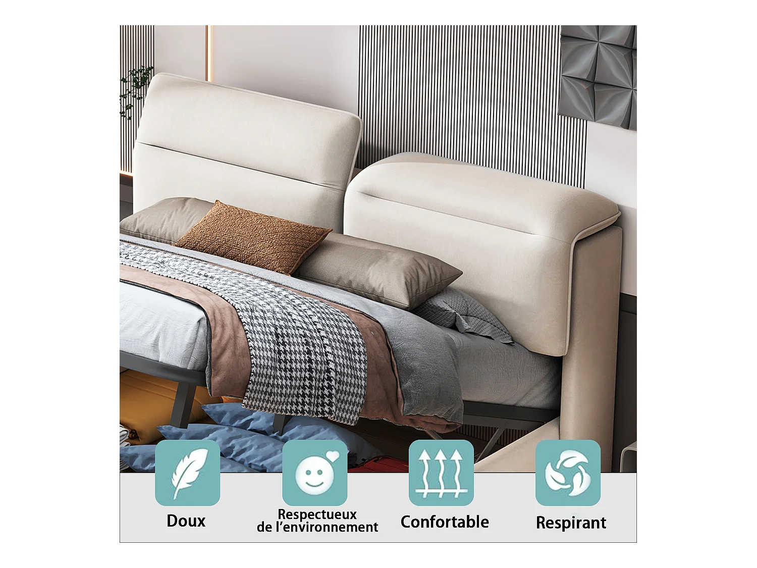 Contenitore idraulico, letto matrimoniale 160*200cm, comodino pieghevole, con LED, velluto, beige