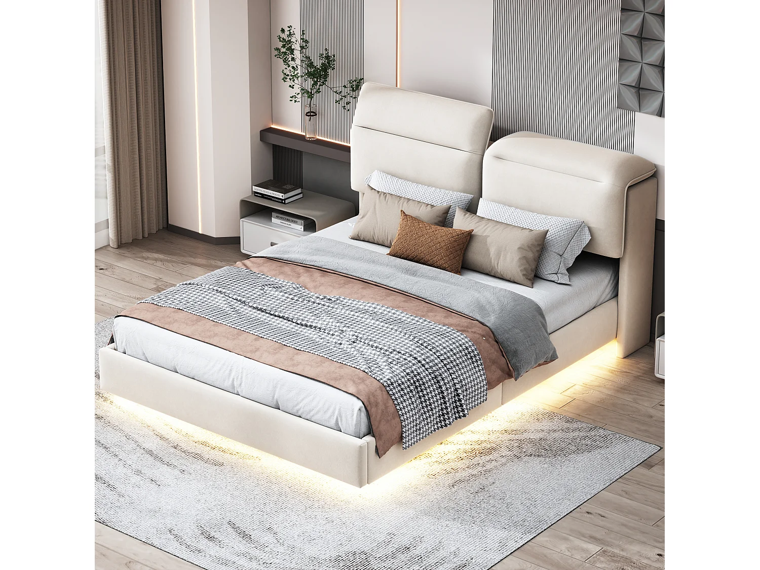 Contenitore idraulico, letto matrimoniale 160*200cm, comodino pieghevole, con LED, velluto, beige