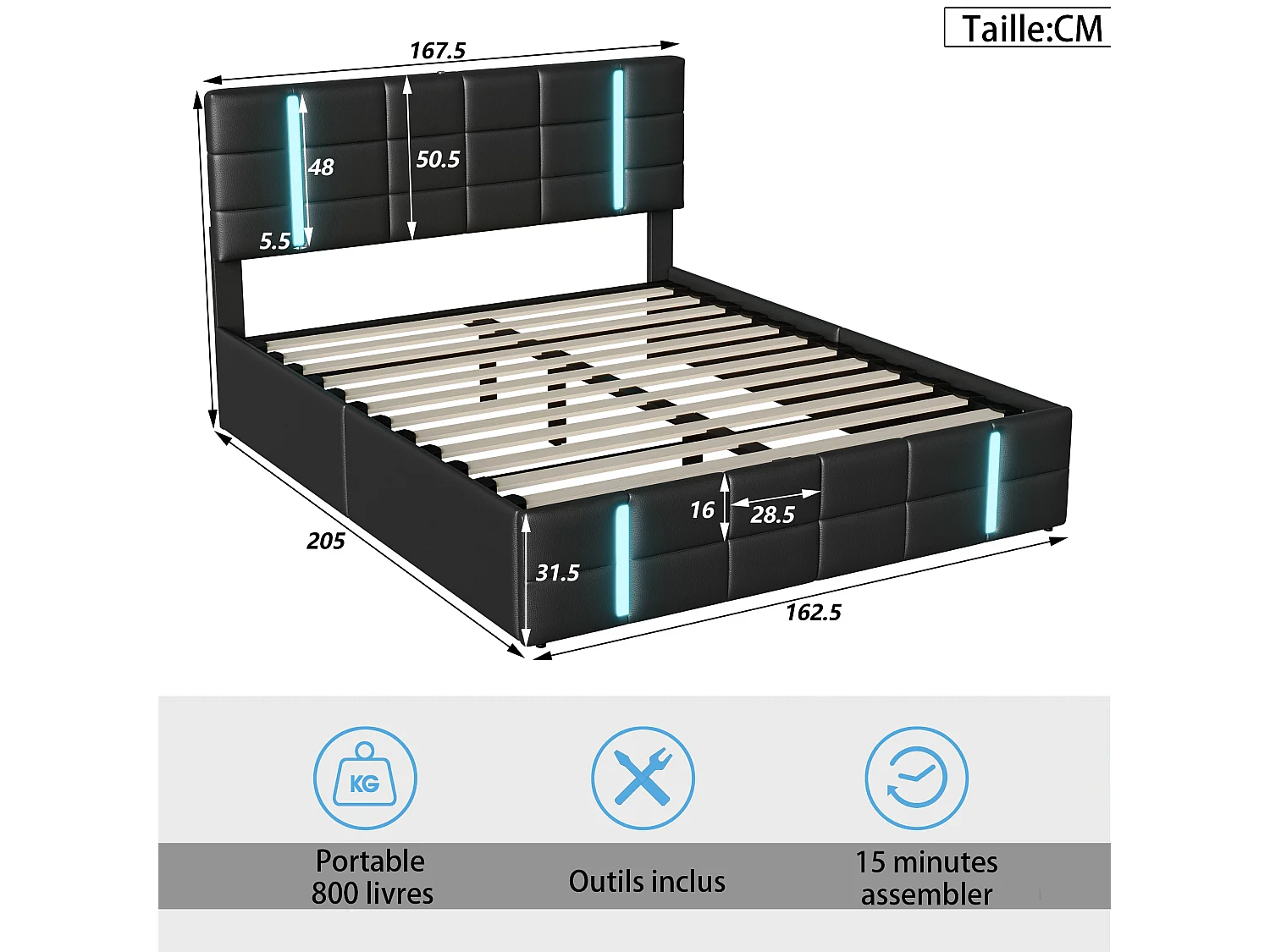 Cama de almacenamiento de 160*200 cm, cama de aire, con LED, dos interfaces USB, negro, PU