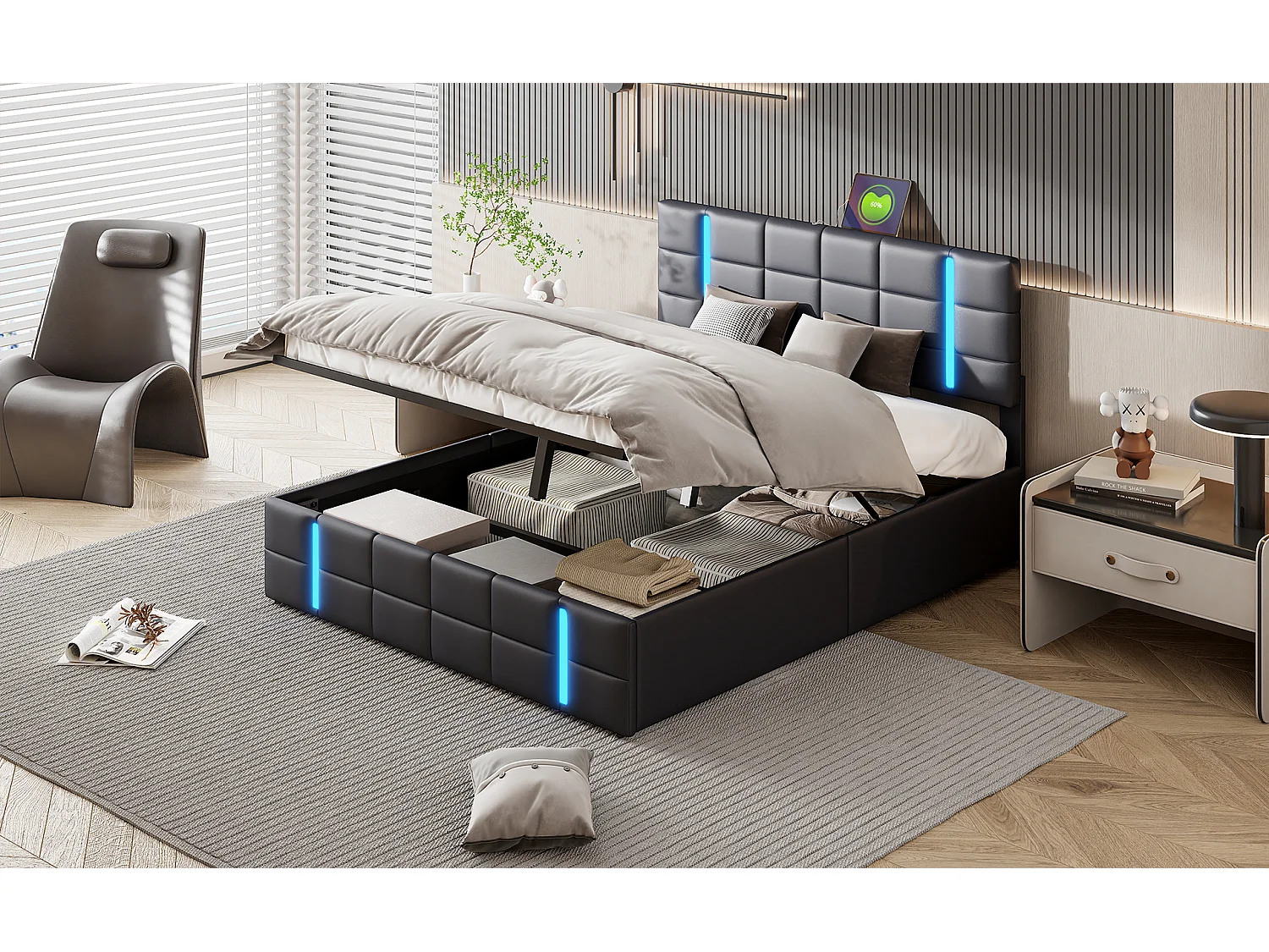 Lit coffre 160*200 cm, lit à air comprimé, avec LED, deux interfaces USB, noir, PU