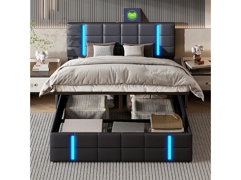 Lit coffre 160*200 cm, lit à air comprimé, avec LED, deux interfaces USB, noir, PU