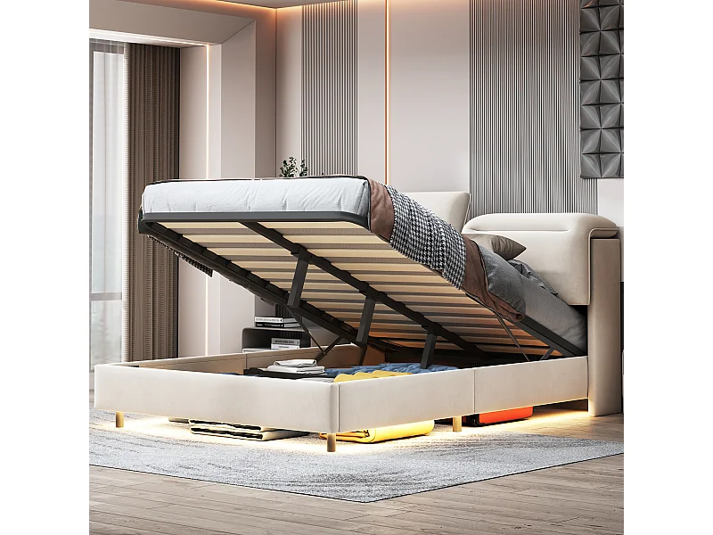 Mesilla de noche plegable con almacenamiento hidráulico, cama doble 140*200cm, con LED, terciopelo, beige