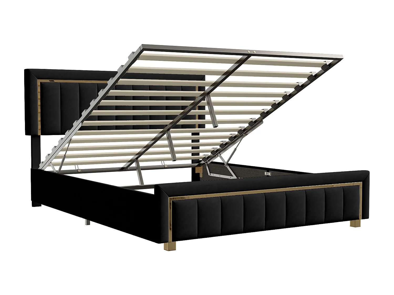 Cama estofada 160x200 cm cama de casal com LED, cama de armazenamento hidráulica, preta, veludo