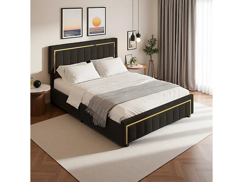 Lit Coffre 140x200 cm avec Sommier, Lit Double rembourré avec hydraulique Rangement et Tête de lit, Lit 2 Personnes pour Adultes et Adolescents, Velours, Noir