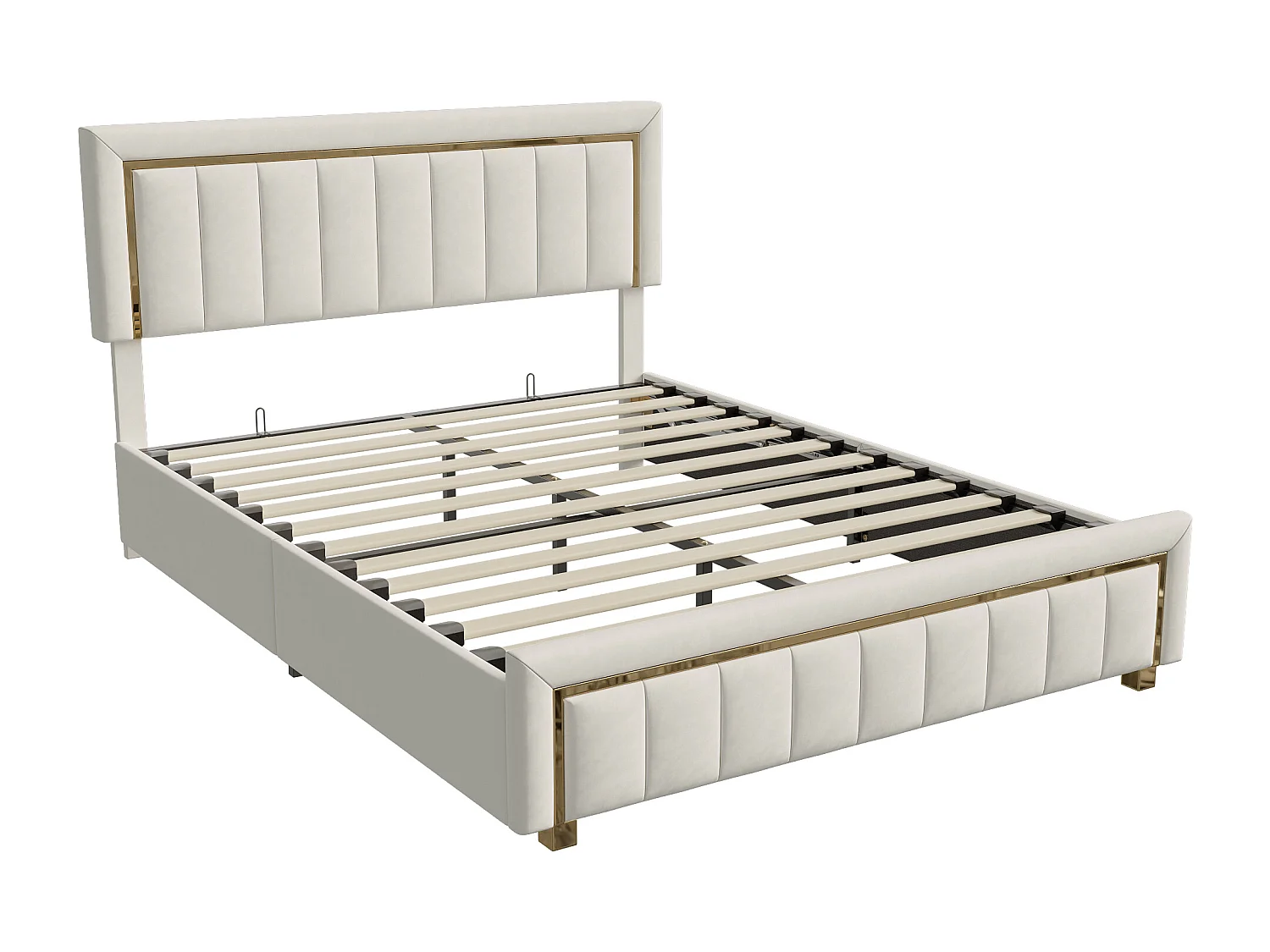 Lit double, 140x200 cm - Avec casier - Fonction de levage pneumatique - Blanc, velours