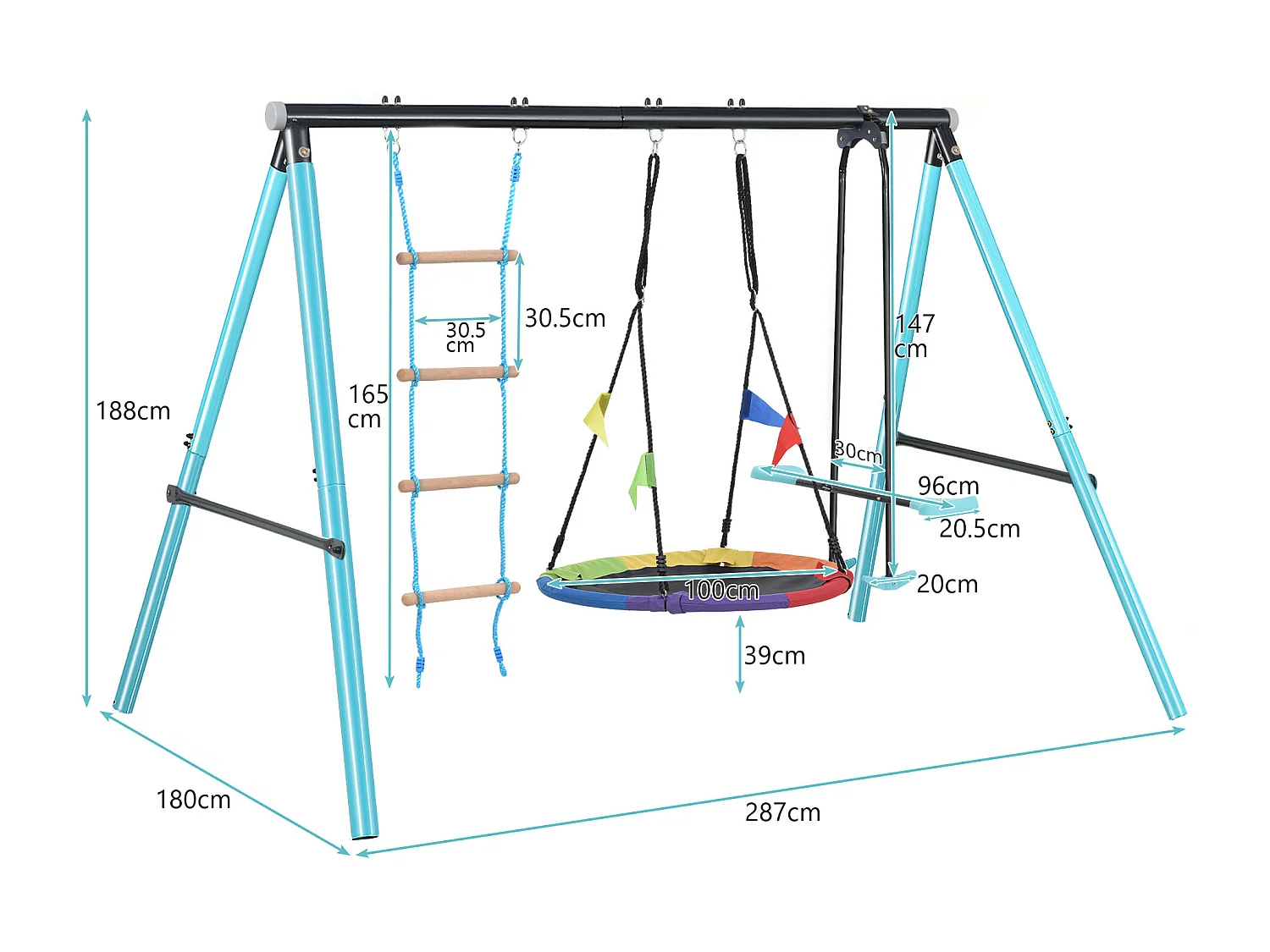 Set altalena 3 in 1 con nido d'uccello, scala di arrampicata e rete di arrampicata per bambini dai 3 agli 8 anni, blu