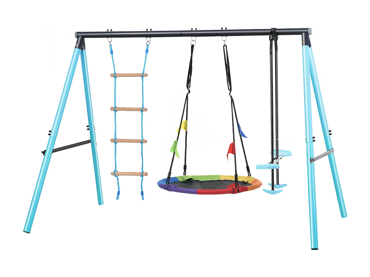 Set altalena 3 in 1 con nido d'uccello, scala di arrampicata e rete di arrampicata per bambini dai 3 agli 8 anni, blu