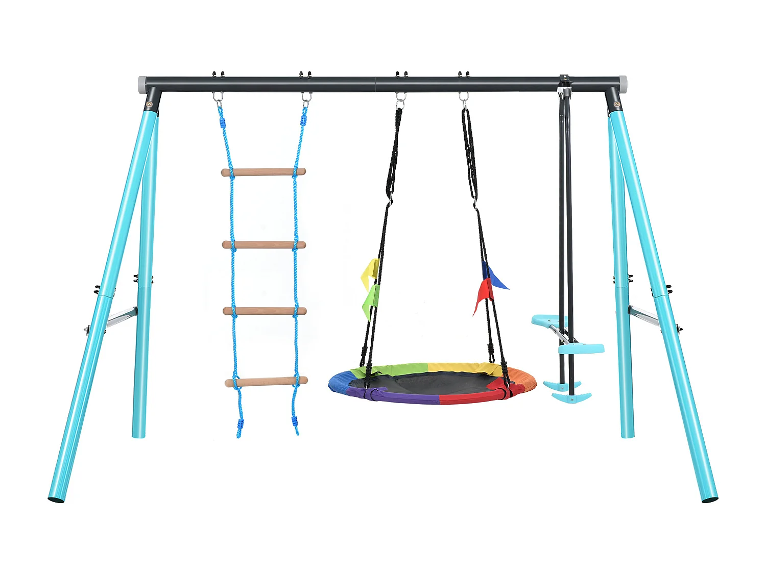 Set altalena 3 in 1 con nido d'uccello, scala di arrampicata e rete di arrampicata per bambini dai 3 agli 8 anni, blu