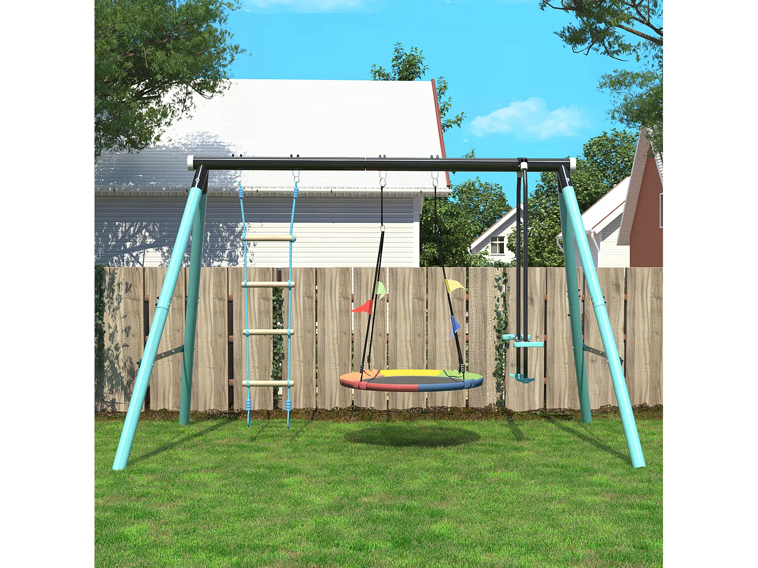 3 en 1 portique de balançoire avec Nid d'Oiseau, échelle d'escalade & filet d'escalade pour enfants de 3 à 8 ans, Bleu