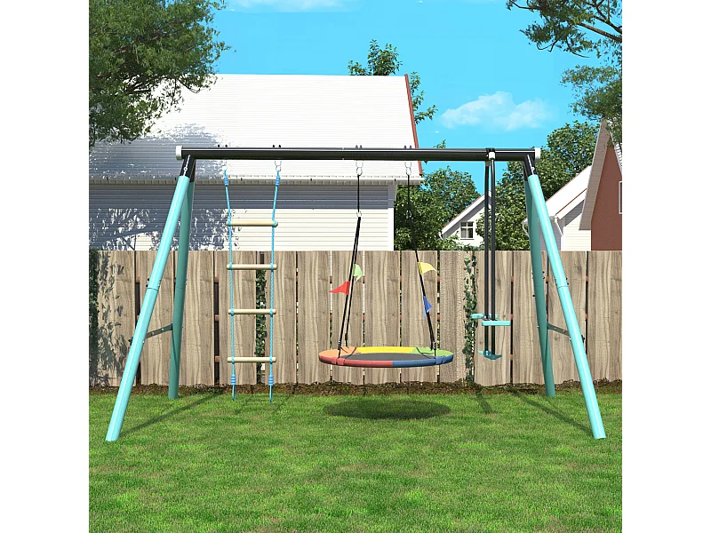 Set altalena 3 in 1 con nido d'uccello, scala di arrampicata e rete di arrampicata per bambini dai 3 agli 8 anni, blu