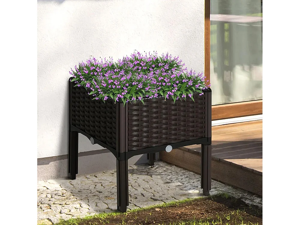 Verhoogde plantenbak, Plantenbak met drainagegaten, Plantenbak in rotan look, kunststof, bruin, 40 x 40 x 44 cm