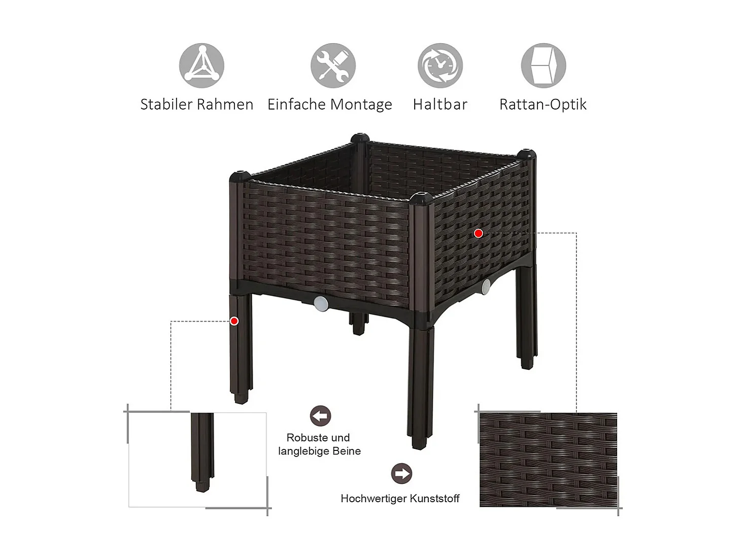 Verhoogde plantenbak, Plantenbak met drainagegaten, Plantenbak in rotan look, kunststof, bruin, 40 x 40 x 44 cm