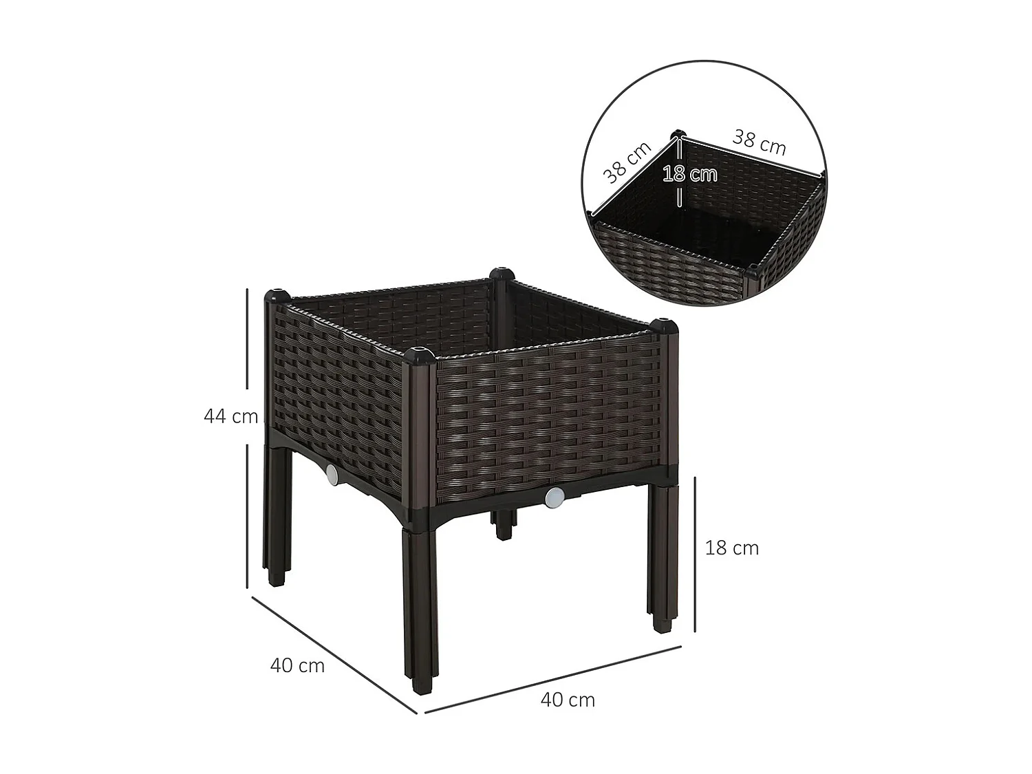 Verhoogde plantenbak, Plantenbak met drainagegaten, Plantenbak in rotan look, kunststof, bruin, 40 x 40 x 44 cm