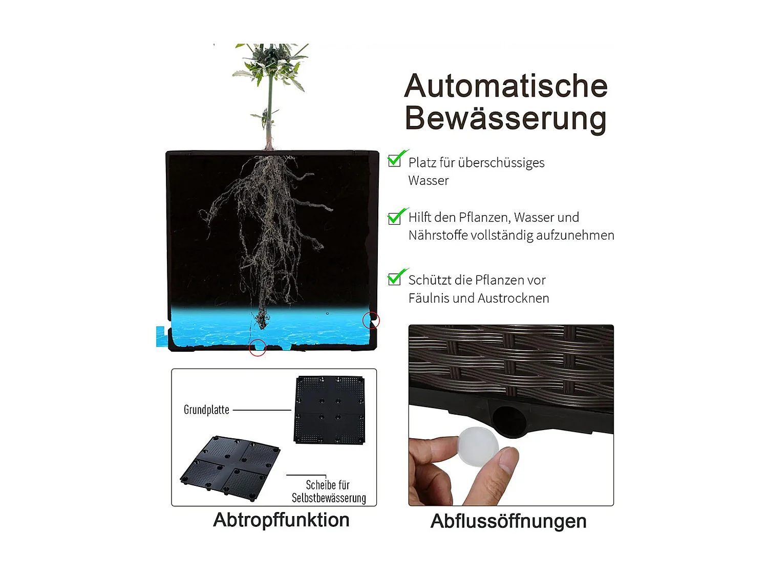 Verhoogde plantenbak, Plantenbak met drainagegaten, Plantenbak in rotan look, kunststof, bruin, 40 x 40 x 44 cm