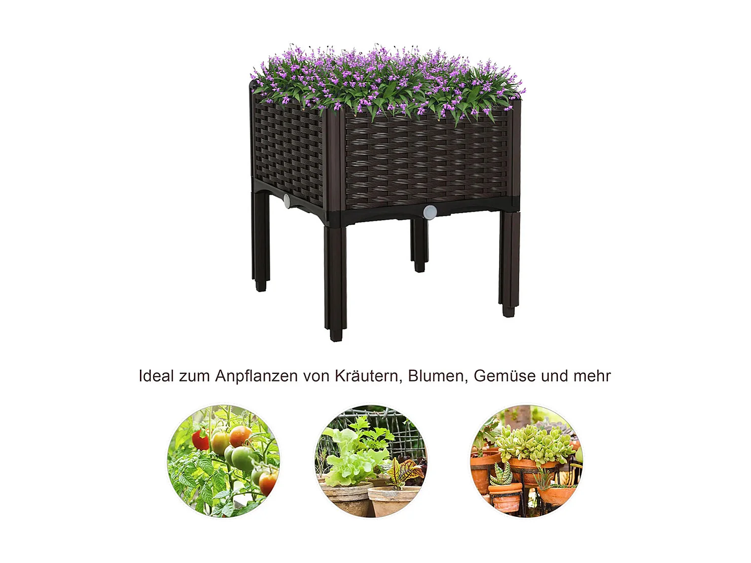 Verhoogde plantenbak, Plantenbak met drainagegaten, Plantenbak in rotan look, kunststof, bruin, 40 x 40 x 44 cm