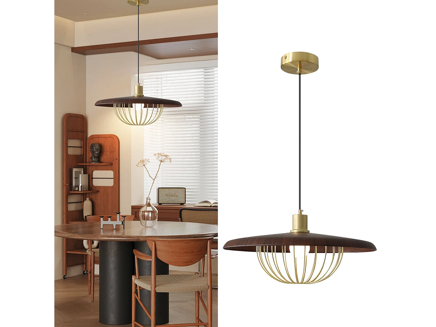 Lustre suspendu en bois plafonnier rond luminaire en métal pour îlot de cuisine salle à manger d35cm x h20cm