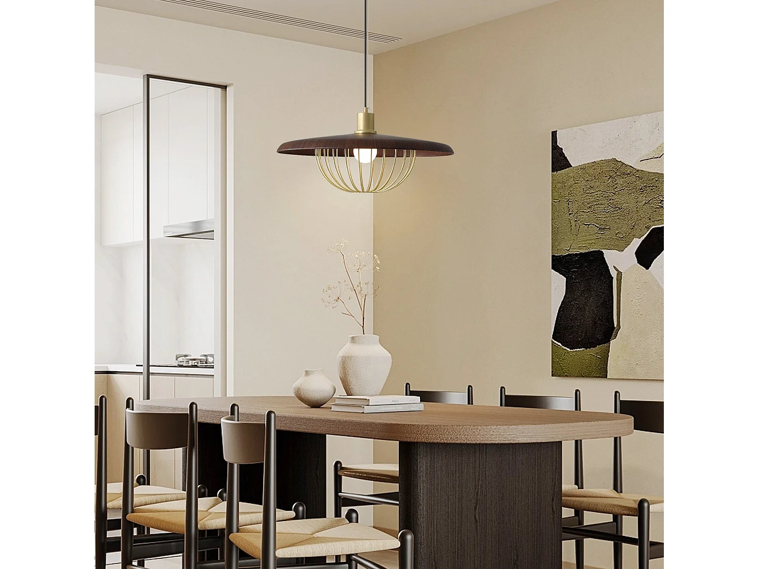 Lustre suspendu en bois plafonnier rond luminaire en métal pour îlot de cuisine salle à manger d35cm x h20cm