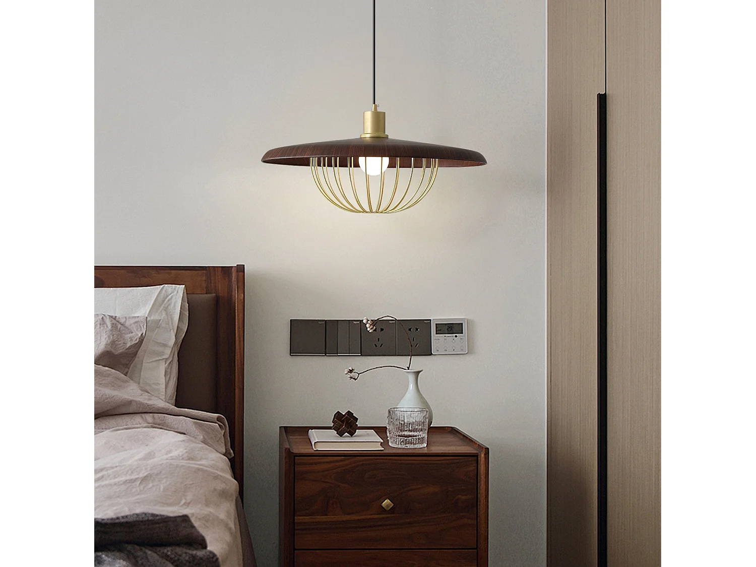 Lustre suspendu en bois plafonnier rond luminaire en métal pour îlot de cuisine salle à manger d35cm x h20cm