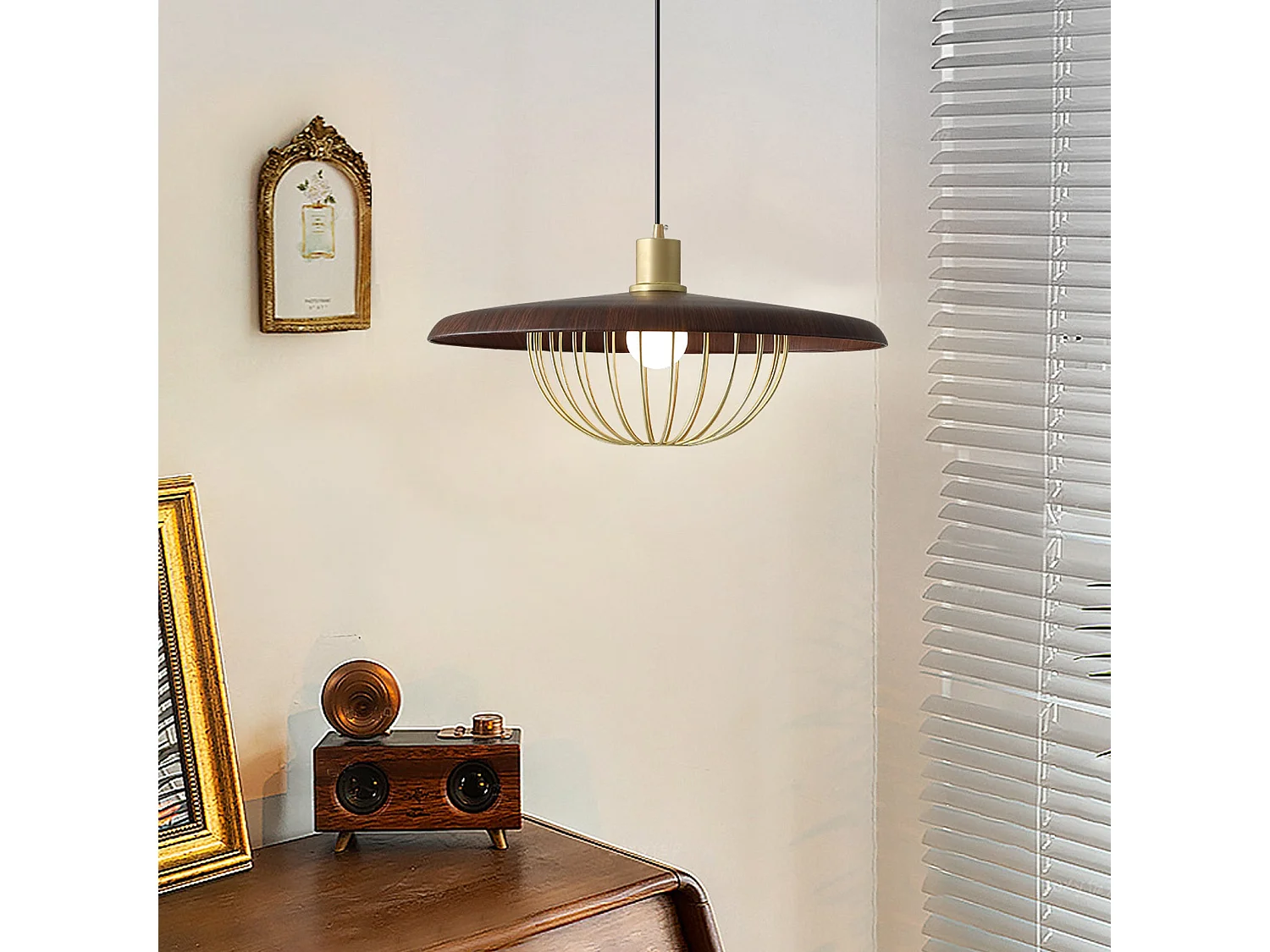 Lustre suspendu en bois plafonnier rond luminaire en métal pour îlot de cuisine salle à manger d35cm x h20cm