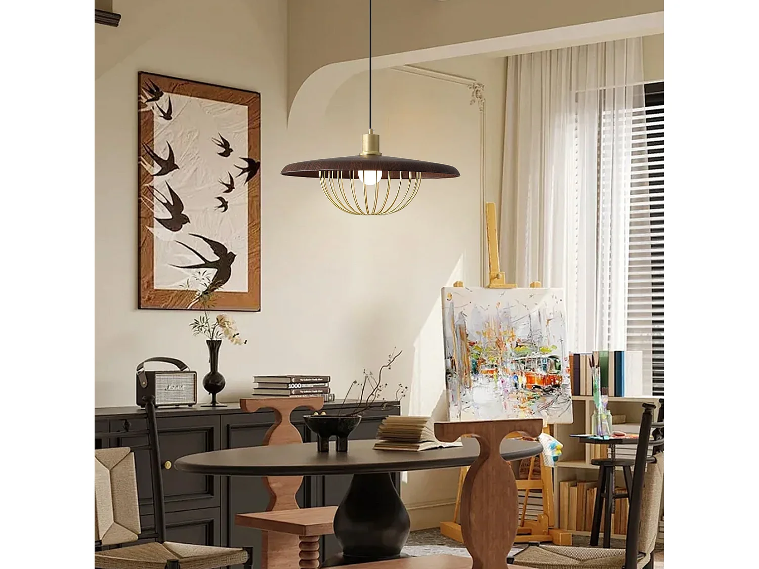 Lustre suspendu en bois plafonnier rond luminaire en métal pour îlot de cuisine salle à manger d35cm x h20cm