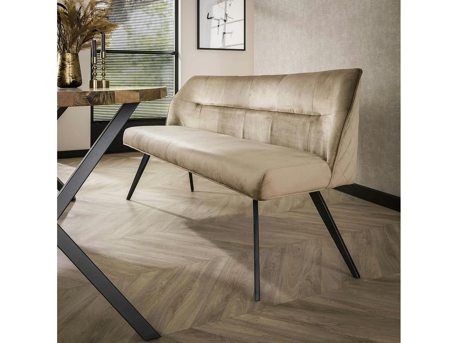 Banquette de salle à manger en velours beige avec dossier motif croisé 180 cm MELBOURNE