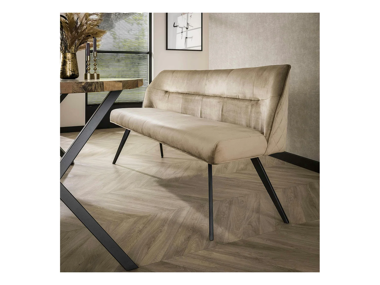 Banquette de salle à manger en velours beige avec dossier motif croisé 180 cm MELBOURNE