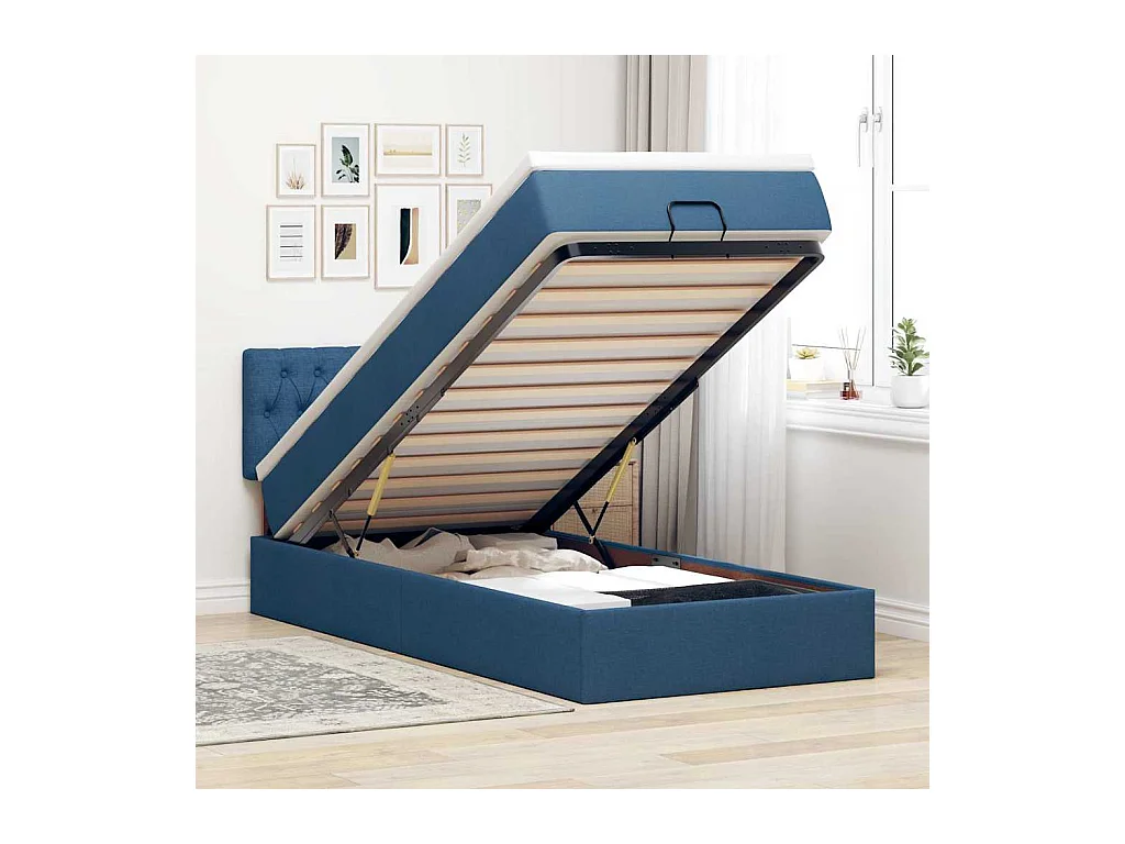 Estrutura de cama otomana com colchão tecido azul 80x200cm
