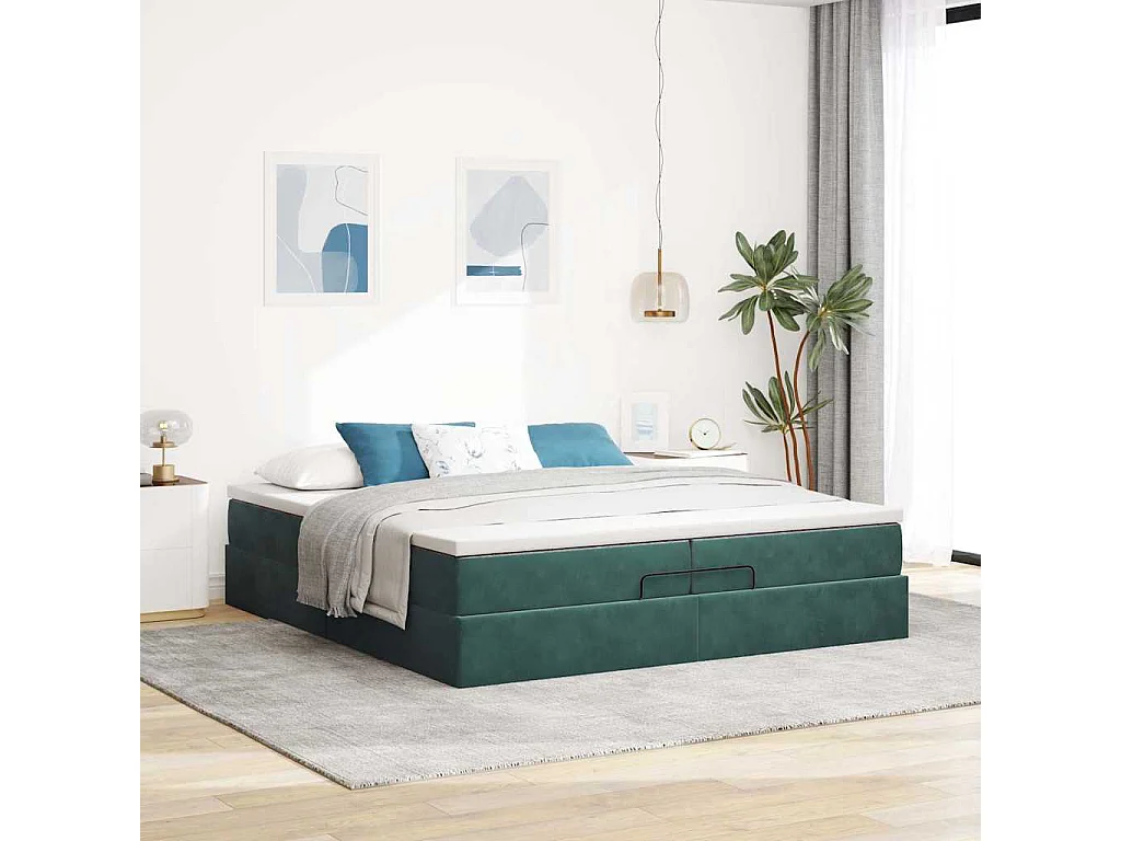 Cadre de lit ottoman avec matelas vert foncé 200x200 cm velours