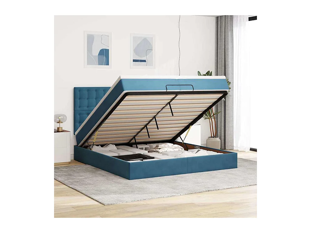 Cadre de lit ottoman avec matelas bleu foncé 200x200 cm velours
