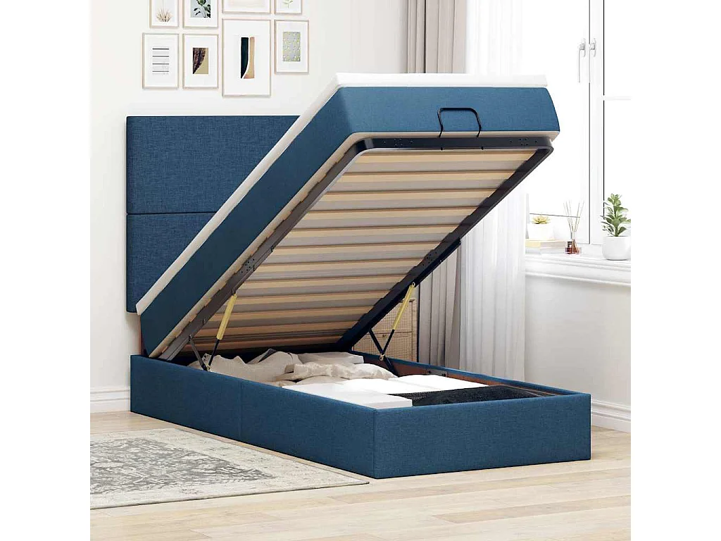 Cadre de lit ottoman avec matelas bleu 80x200 cm tissu
