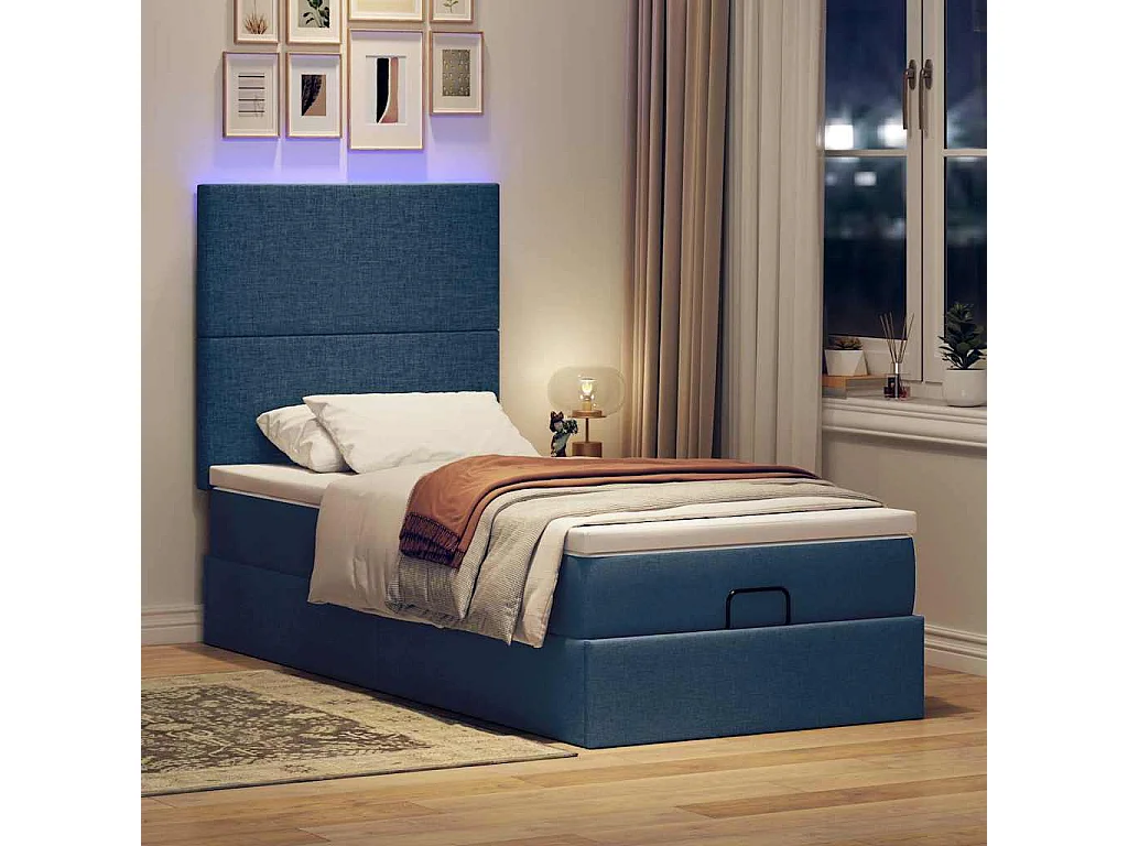 Cadre de lit ottoman avec matelas bleu 80x200 cm tissu