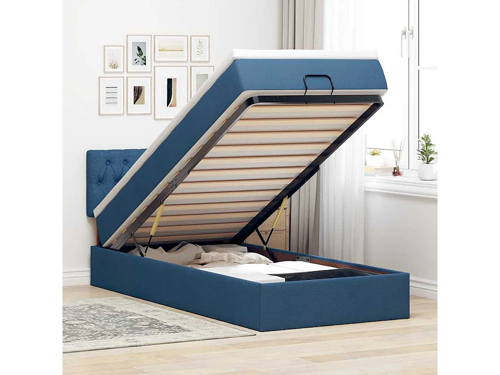 Cadre de lit ottoman avec matelas bleu 80x200 cm tissu