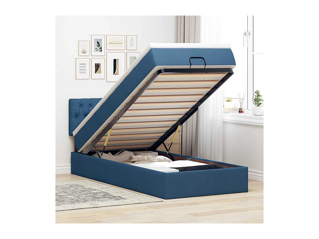 Estrutura de cama otomana com colchão tecido azul 80x200cm