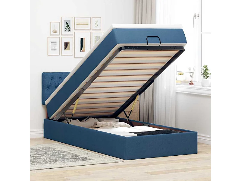 Cadre de lit ottoman avec matelas bleu 80x200 cm tissu