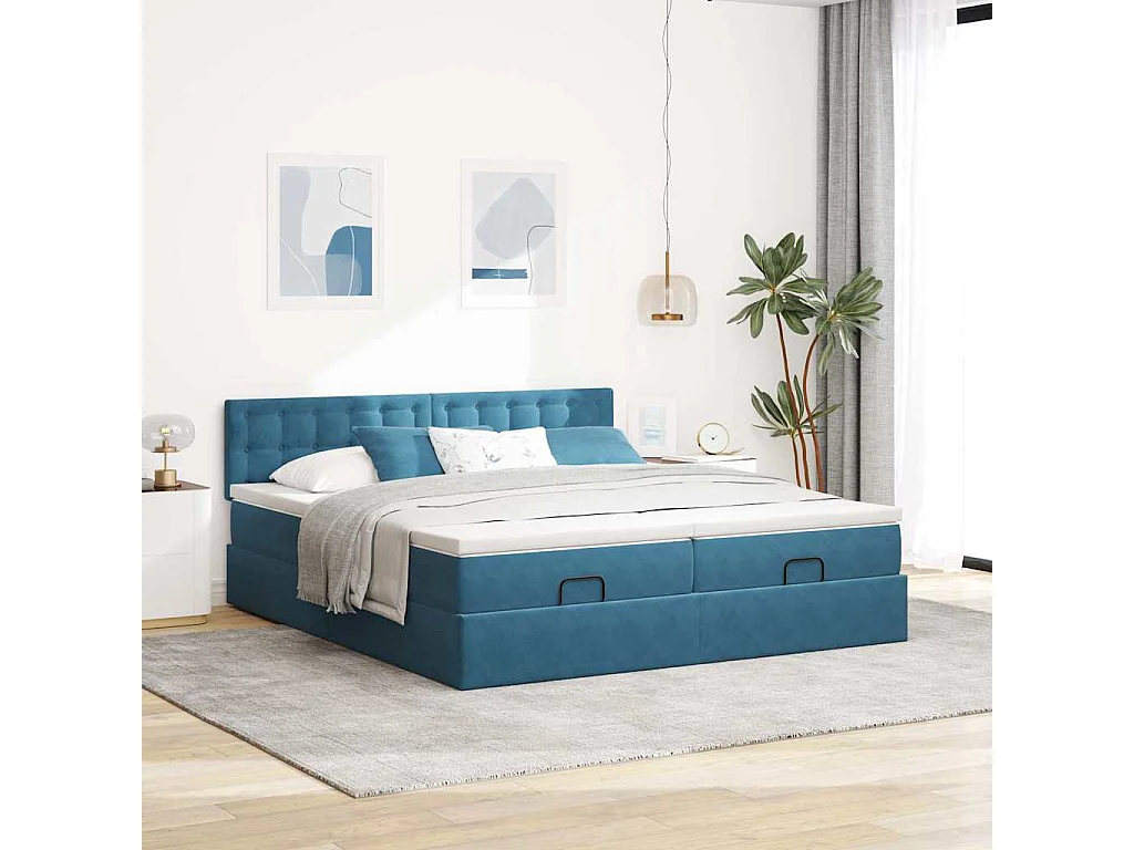 Cadre de lit ottoman avec matelas bleu foncé 160x200 cm velours