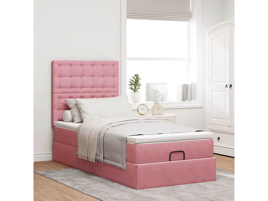 Estructura cama otomana colchones terciopelo rosa 80x200cm