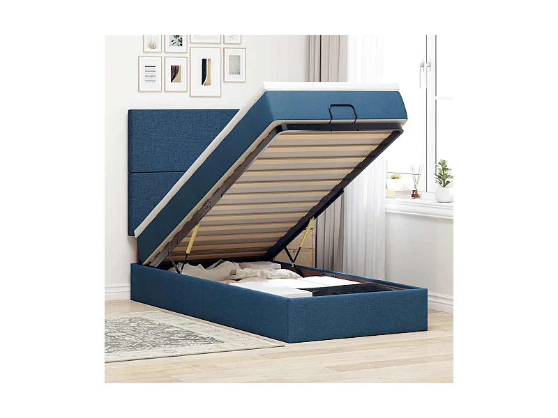 Estrutura de cama otomana com colchão tecido azul 80x200cm
