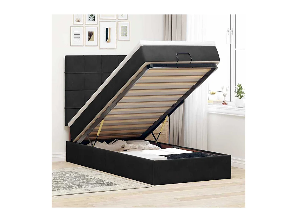 Cadre de lit ottoman avec matelas noir 90x190 cm velours